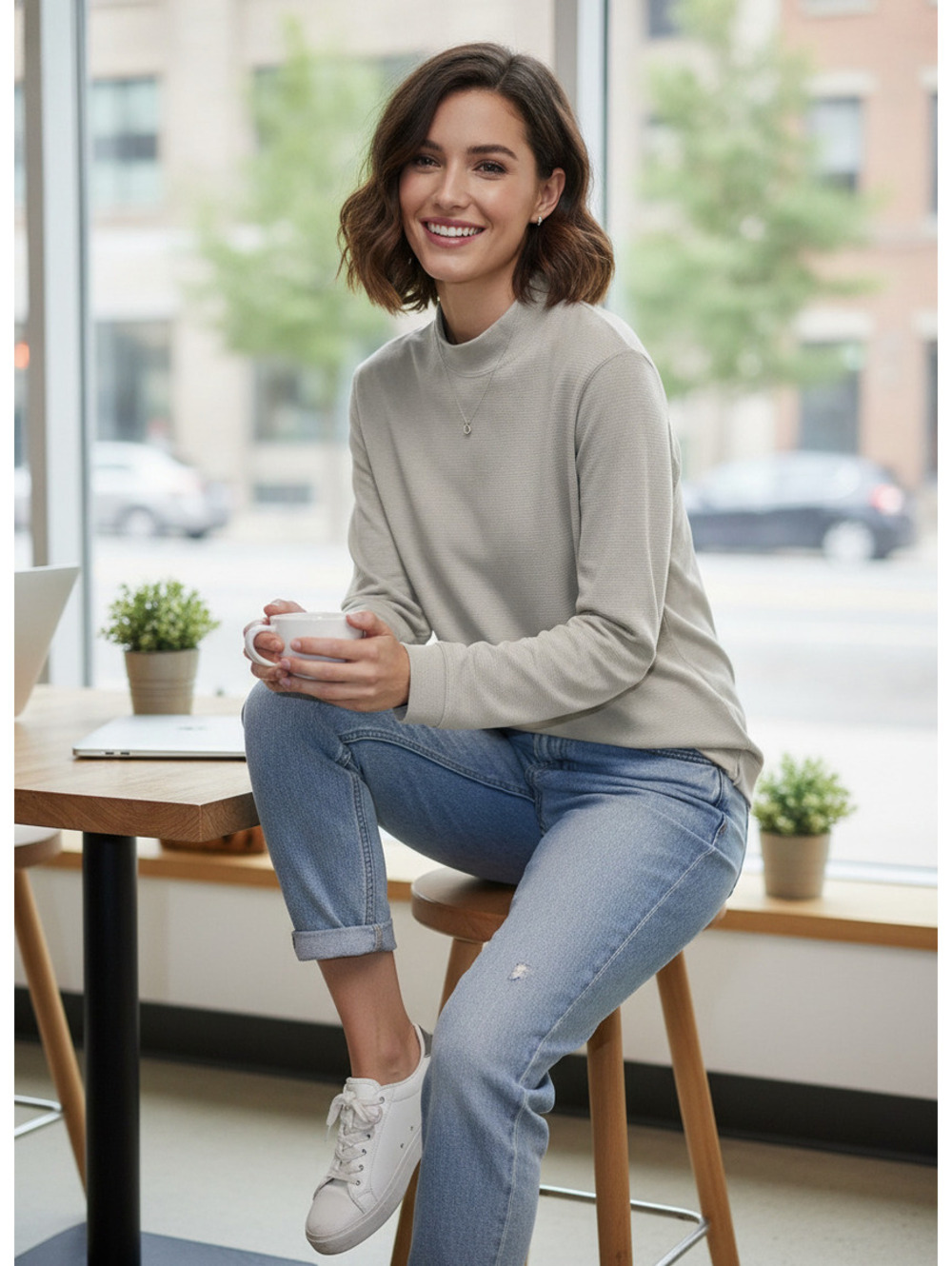 Mia and Claire Beige Mock Neck Long Sleeve Textured Top S Med Minimalist Capsule